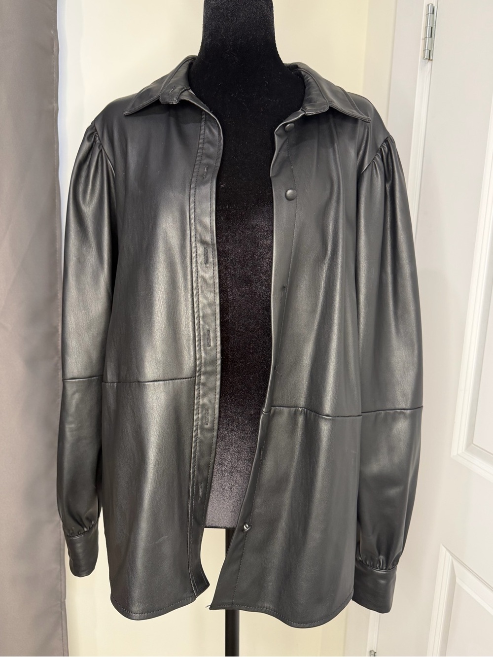 Womens Black Faux Leather Button-Up Jacket